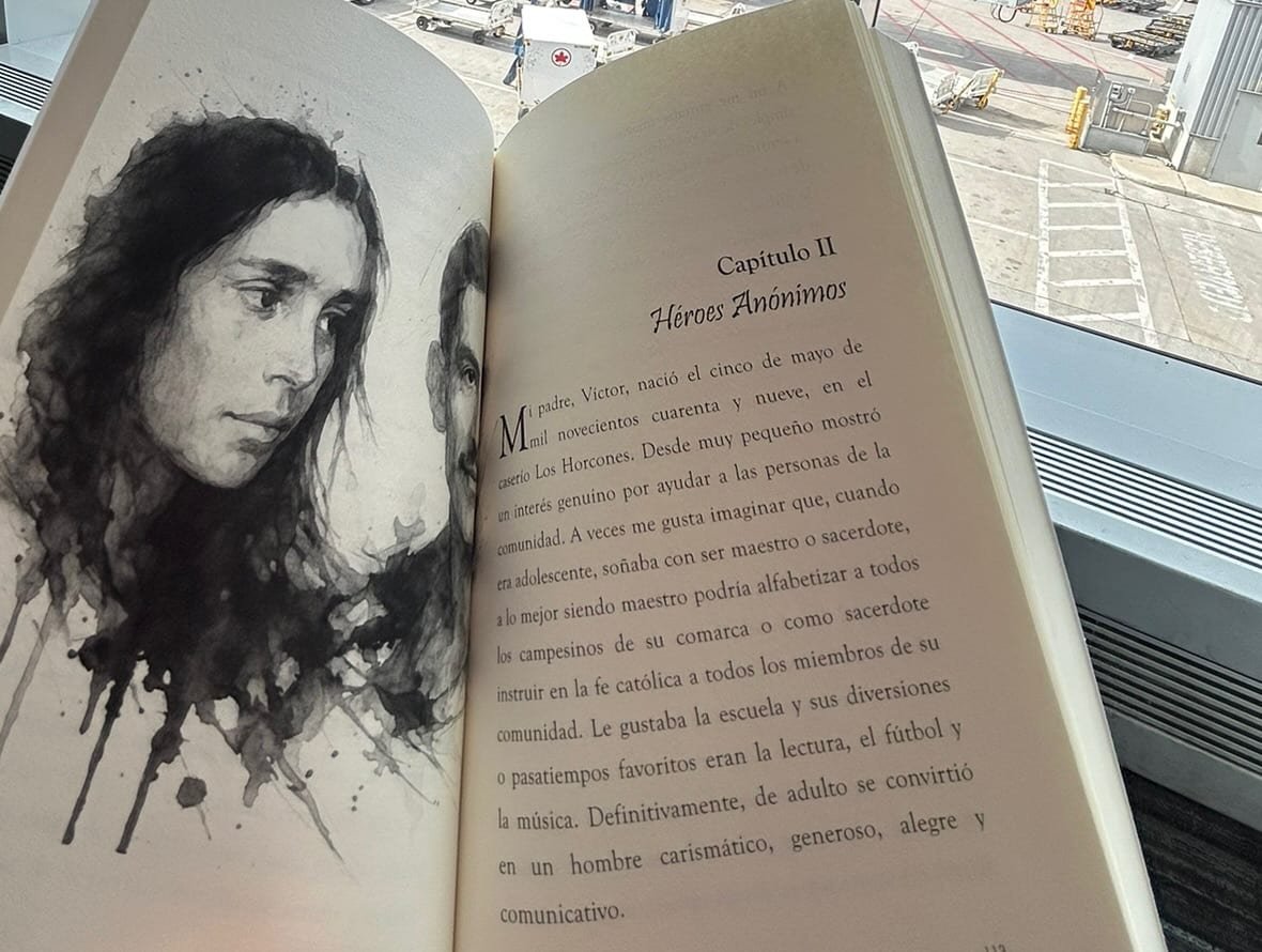 An open spread of the book showing a chapter opening and an ink portrait illustration